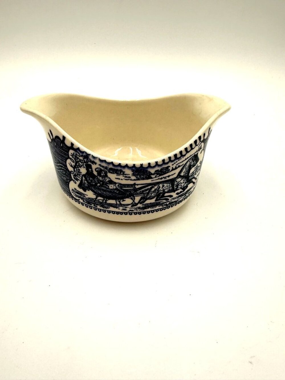 Currier Ives Blue White Ceramic Gravy Boat Coaching Scenic Design Made USa